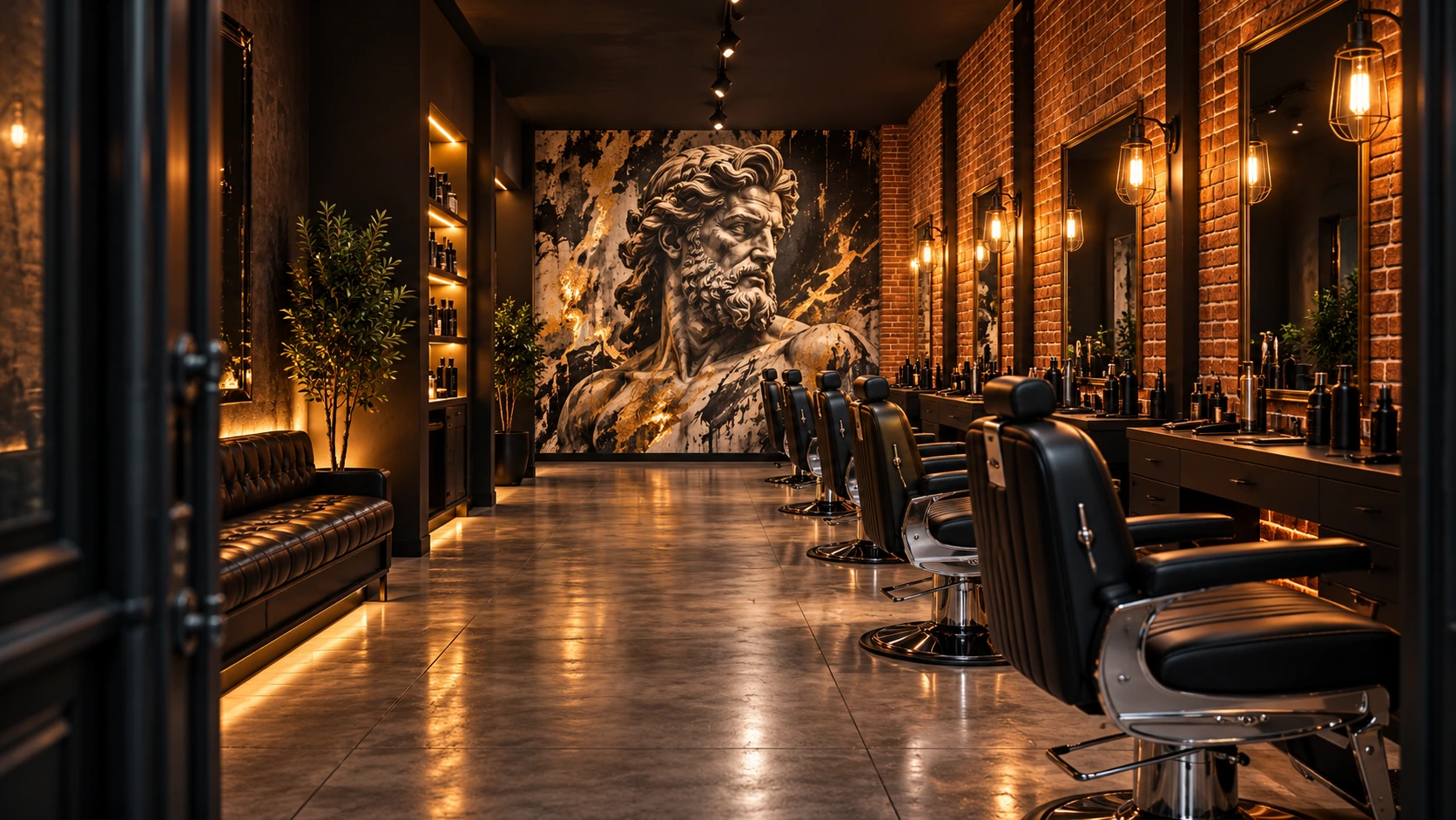 Entrada ilustrativa da barbearia com mural de Zeus, tijolos e luz âmbar