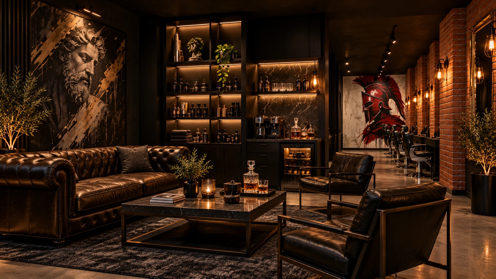 Lounge ilustrativo com couro preto e atmosfera quente